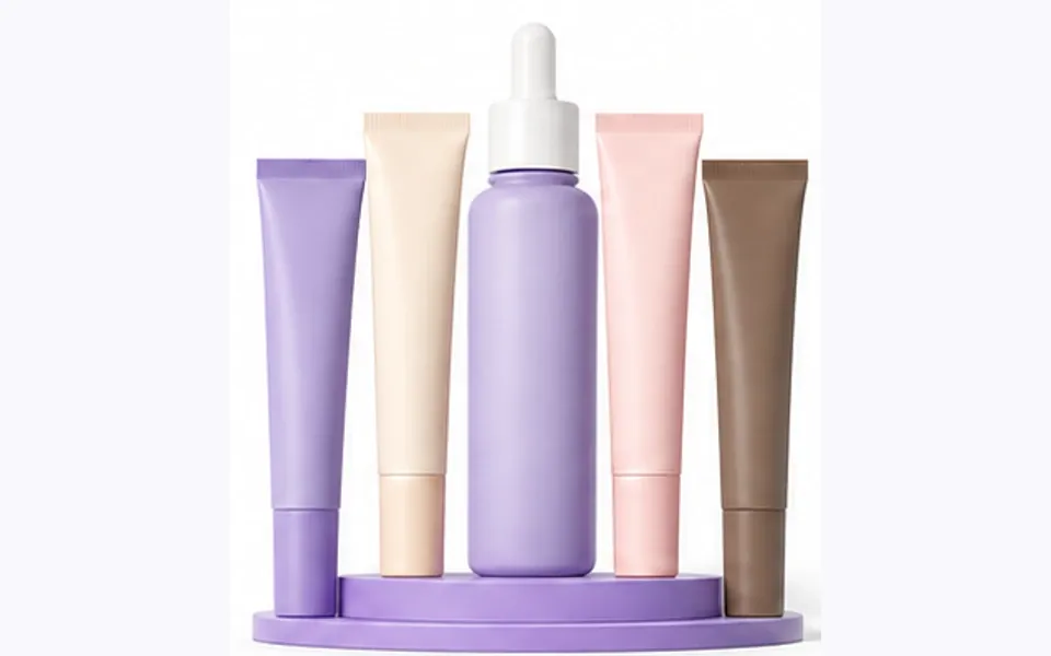 Unbranded skincare bottles and tubes on a lavender display