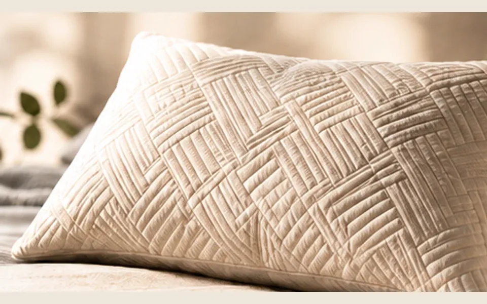Textured Coop pillow in a softly lit bedroom setting