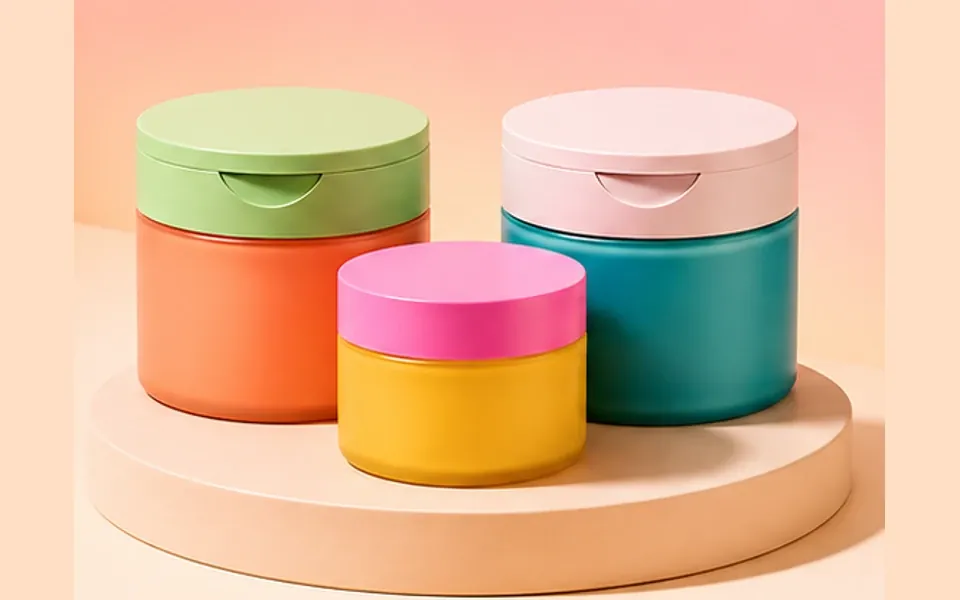 Colorful unbranded skincare jars on a peach display platform