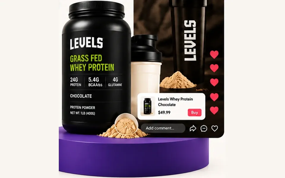 Levels whey protein with shaker and a TikTok LIVE product demonstration