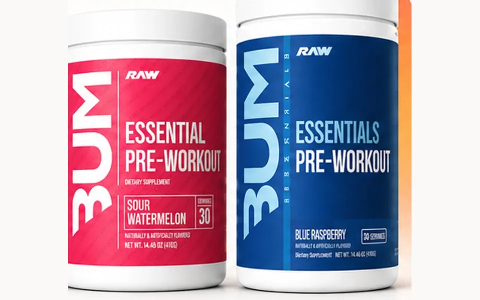 RAW pre-workout tubs in watermelon and blue raspberry packaging